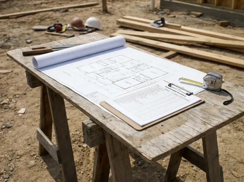 Bouwplan van een verdieping op een schraag met de meetstaat per ruimte ernaast en een rolmeter erop